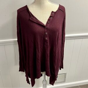 Free People Preowned Henley Long Sleeve Burgundy Red Oversized Size Small